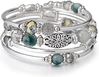 FULU AUTUMN Silver Beaded Bangle Bracelet for Women Handmade Boho Stacking Wrap Bracelet with Crystal Beads Costume Fashion Jewellery Gifts