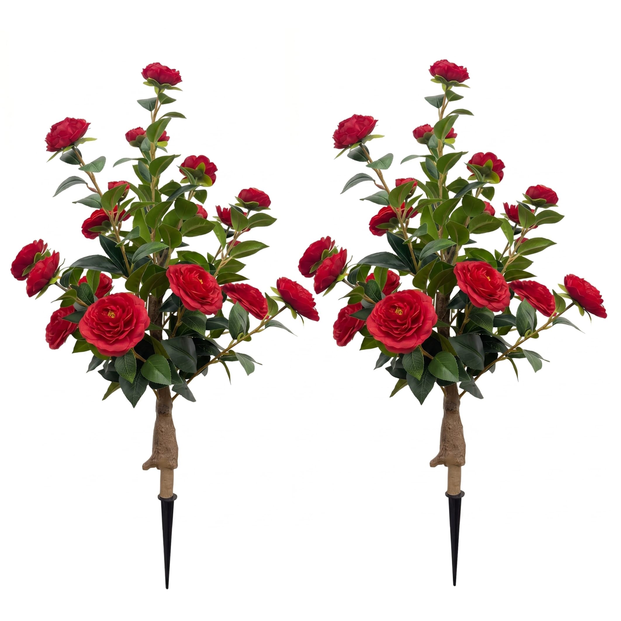 Syutokul Artificial Camellia Tree 2PCS Camellia Tree Faux Outdoor 35 Inch Faux Flower with Realistic Camellias Indoor Outdoor Decor Red