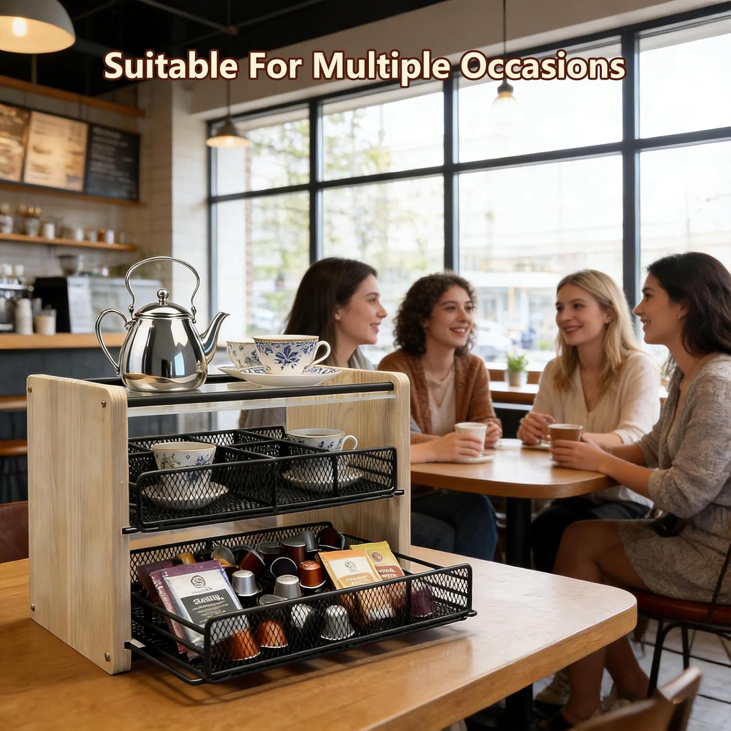 Tea Bag Organizer 3 Tier Tea Bag Holder with 16 Compartments Wooden Tea Organizer and Storage Tea Station Chest for Kitchen, Countertop, Office, Tea Station