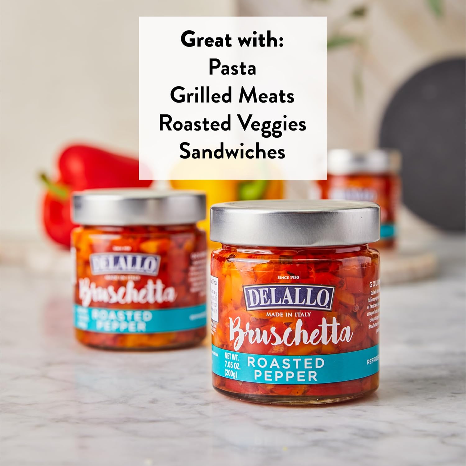 DeLallo Roasted Pepper Bruschetta Topping, 7.05 oz. Jar, (3 Pack), Made in Italy, Ready-to-Use Condiment