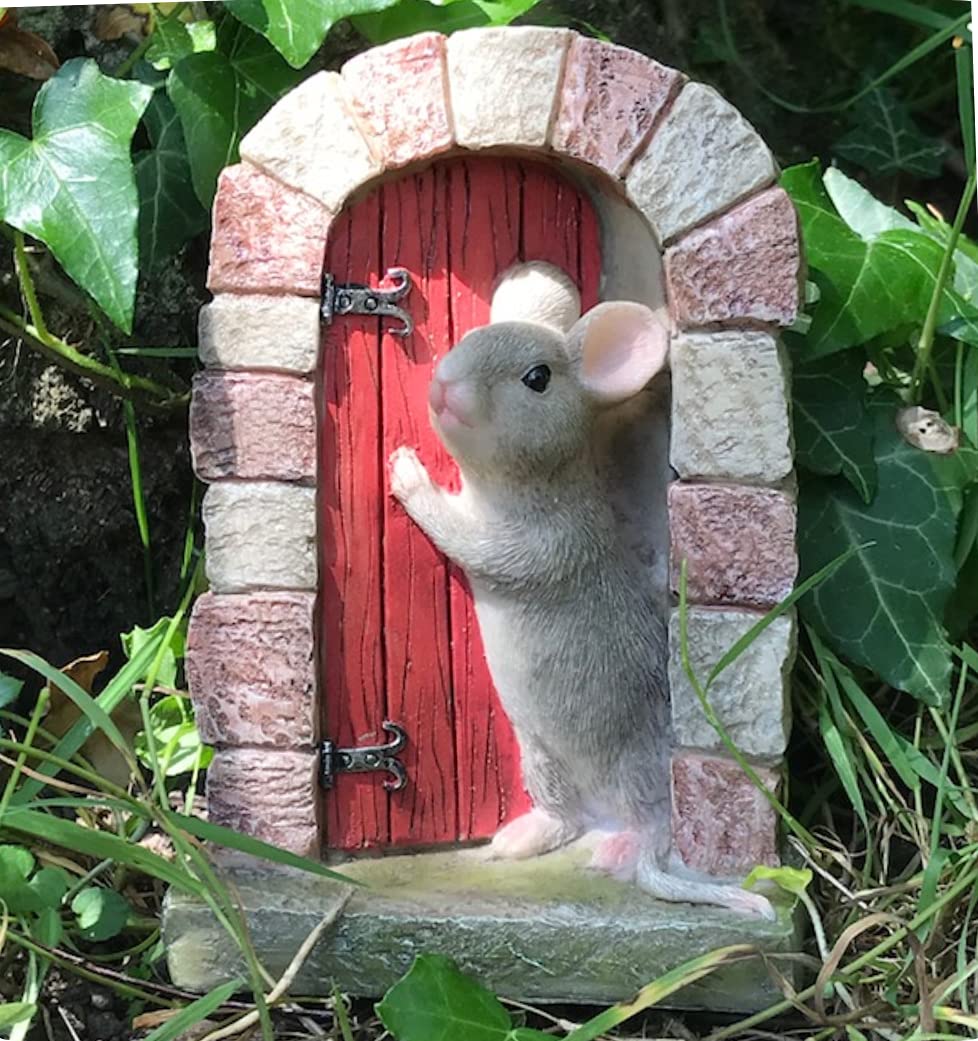 Animal Crackers White Heavy Resin Mouse Doorway With Red Door Fairy Garden Door Ornament Decoration Mice Lover Gift