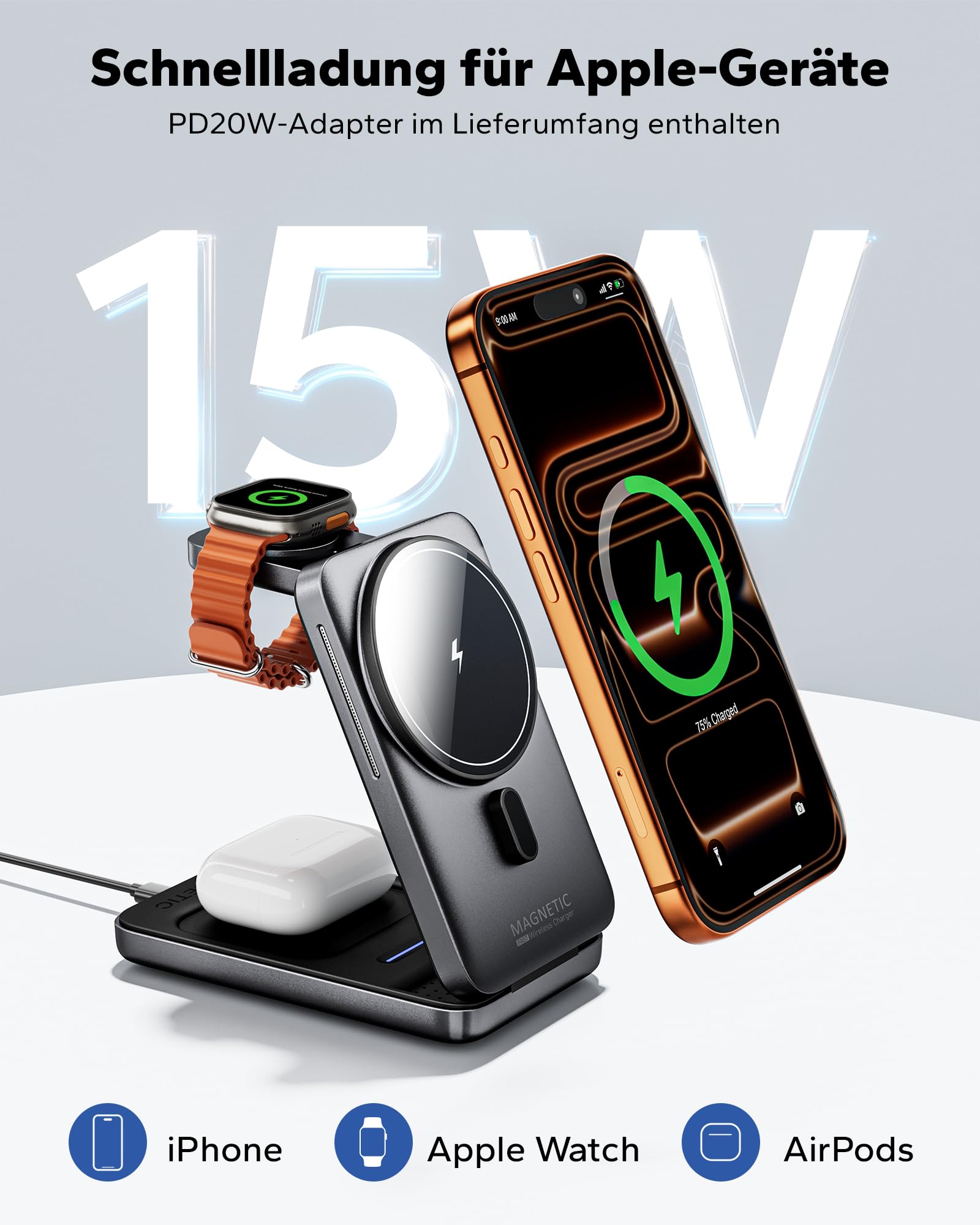 KPON Magsafe Ladestation für Apple Watch und iPhone, 3 in 1 Faltbares Magsafe Ladegerät Schnellladung Kompatibel mit iPhone 17-12, Apple Watch 11-2, AirPods, Reise & Büro, inkl. 20W Adapter