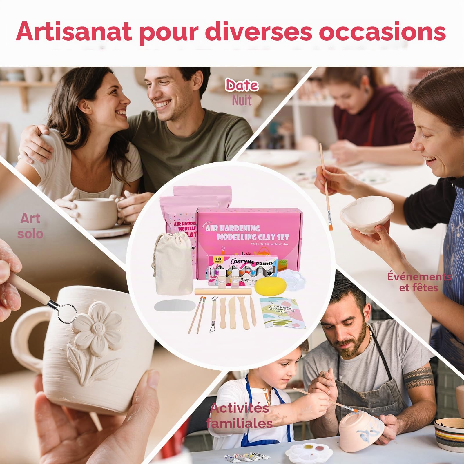 WildFun Kit de poterie pour la maison [incl. 2 kg d'argile] - 24 pièces de kit de bricolage pour la poterie pour adultes incl. jeu d'outils, couleurs & tampons - sèche à l'air, ne brûle pas