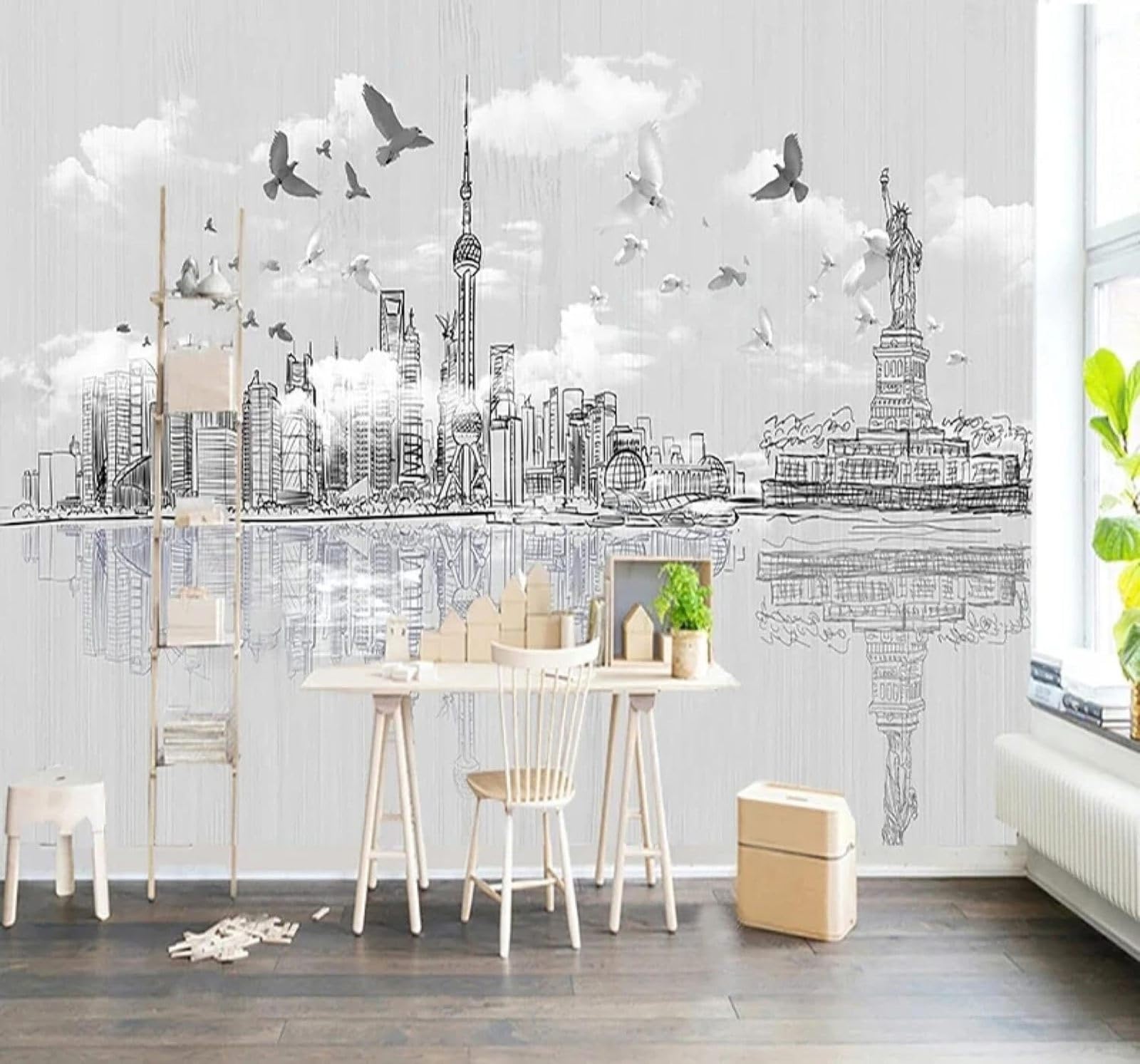 XLMING Hand Drawn Black and White Architecture Birds in Flight Reflections 3D Wallpaper Luxury Home Dining Decor Paste Sofa Living Room The Wall for Bedroom Mural-250cm×170cm