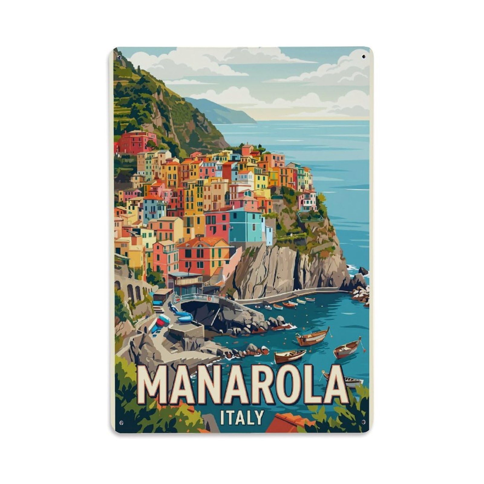 Manarola Italian Riviera Vintage Harbor Travel Metal Tin Sign Plaque Wall Decor for Cafe, Man Cave, Club Bar, Office, Home Garden Round Metal Poster 8x12Inch