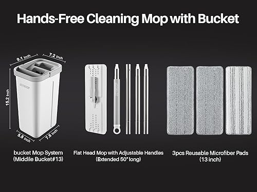 Vista 8 de JOYMOOP Trapeador y cubo con juego de escurridor, trapeador de piso plano manos libres y cubo, con 3 almohadillas de microfibra lavables, uso húmedo