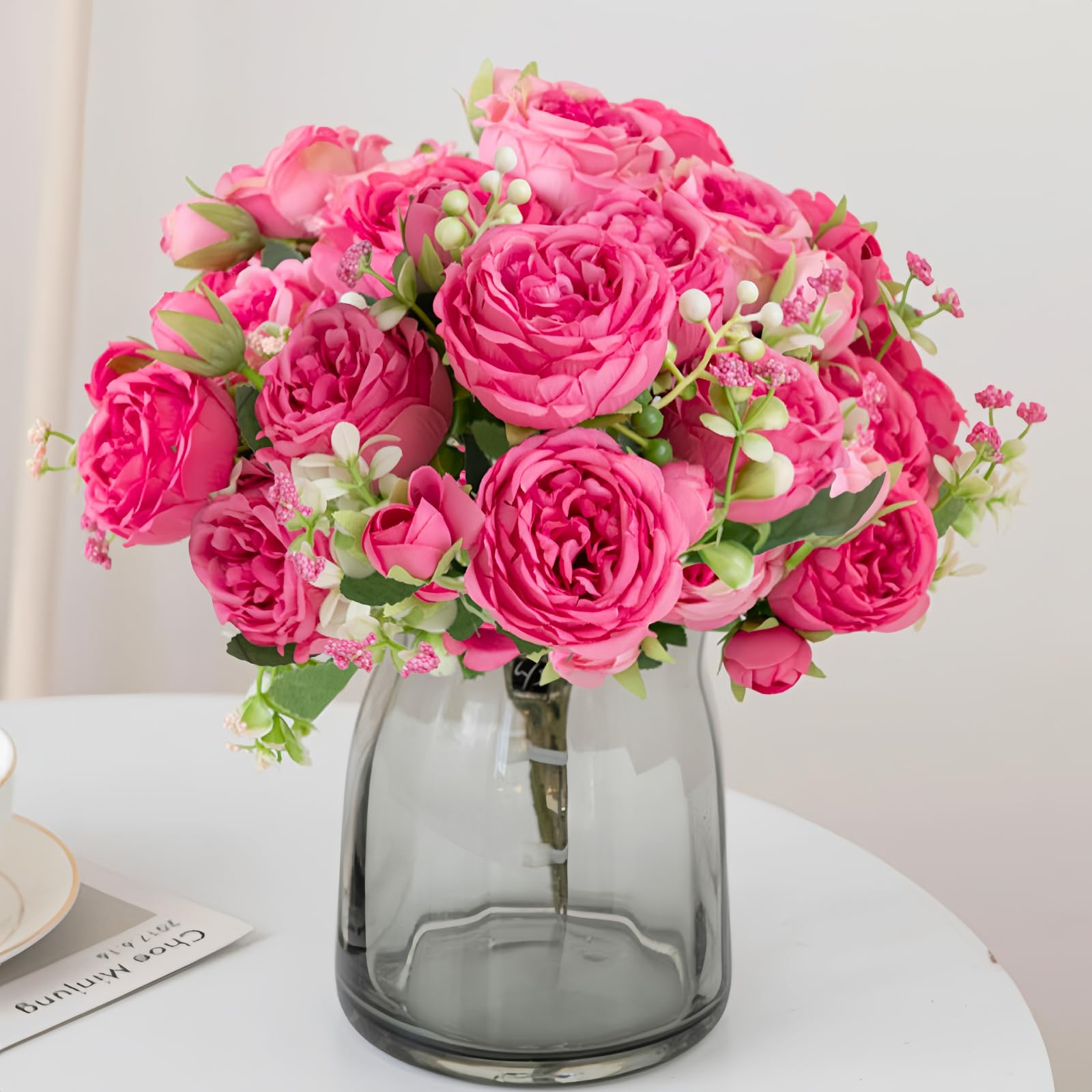 ASTRYAS Artificial Flowers, 3Pcs Silk Fake Peonies Faux Hot Pink Artificial Flowers Peonies Bouquet Arrangements Table Centerpieces for Wedding Office Home Decor Cake
