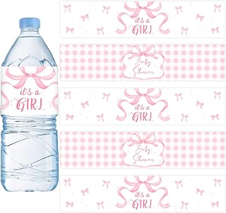 Pink Bow Baby Shower Water Bottle Labels 52Pcs