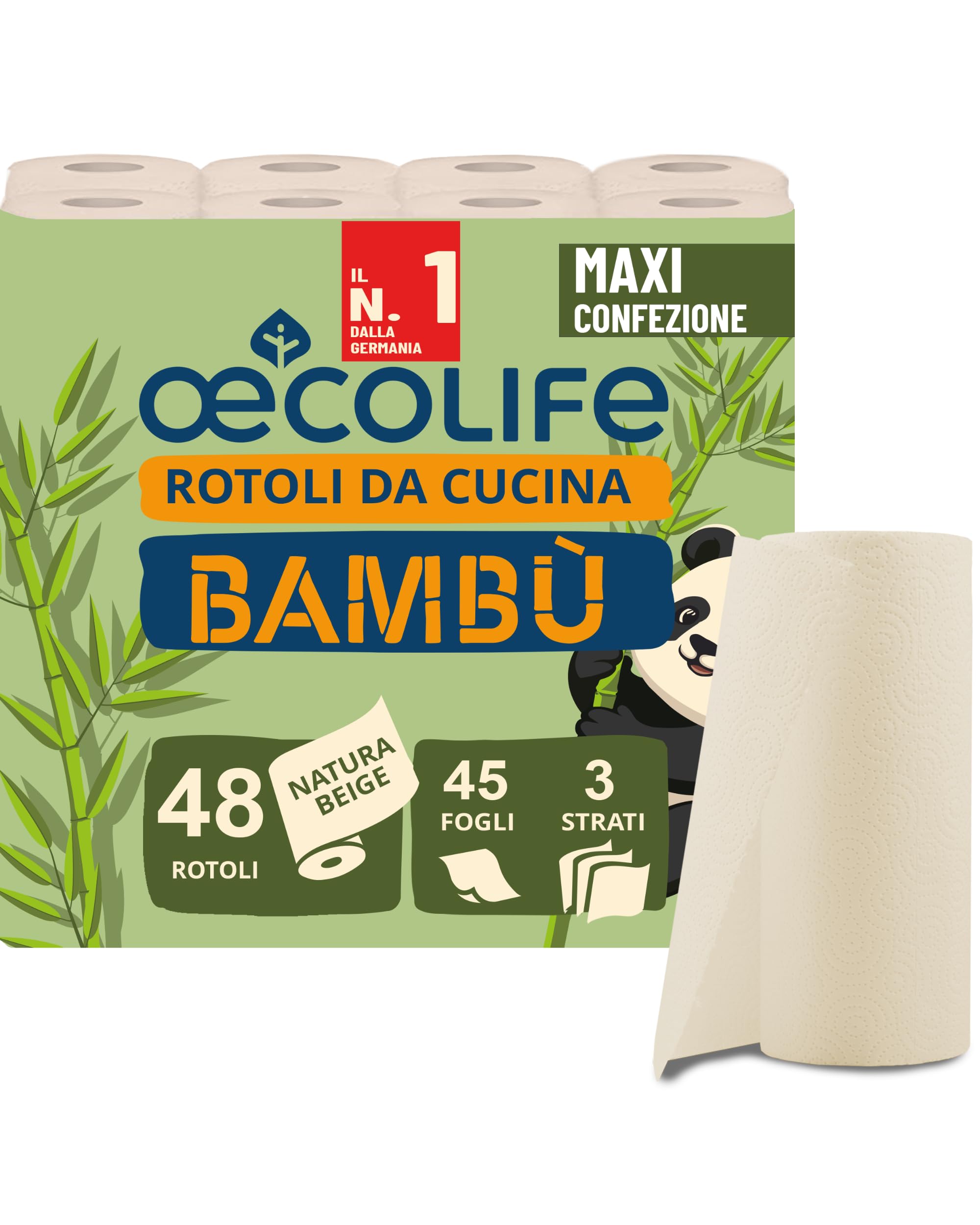 œcolife Strofinacci da cucina in bambù, 48 rotoli, 45 fogli per rotolo, 3 strati, polpa di bambù non sbiancata con proprietà antibatteriche