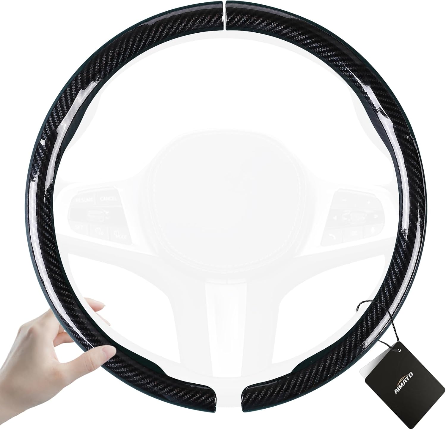 Aimato Carbon Fiber Steering Wheel Cover 2 Piece Non-Slip Clip on Steering Wheel Cover,Ultra-Thin Breathable,Universal Fit 14.5"-15" Wheel,Bright Black