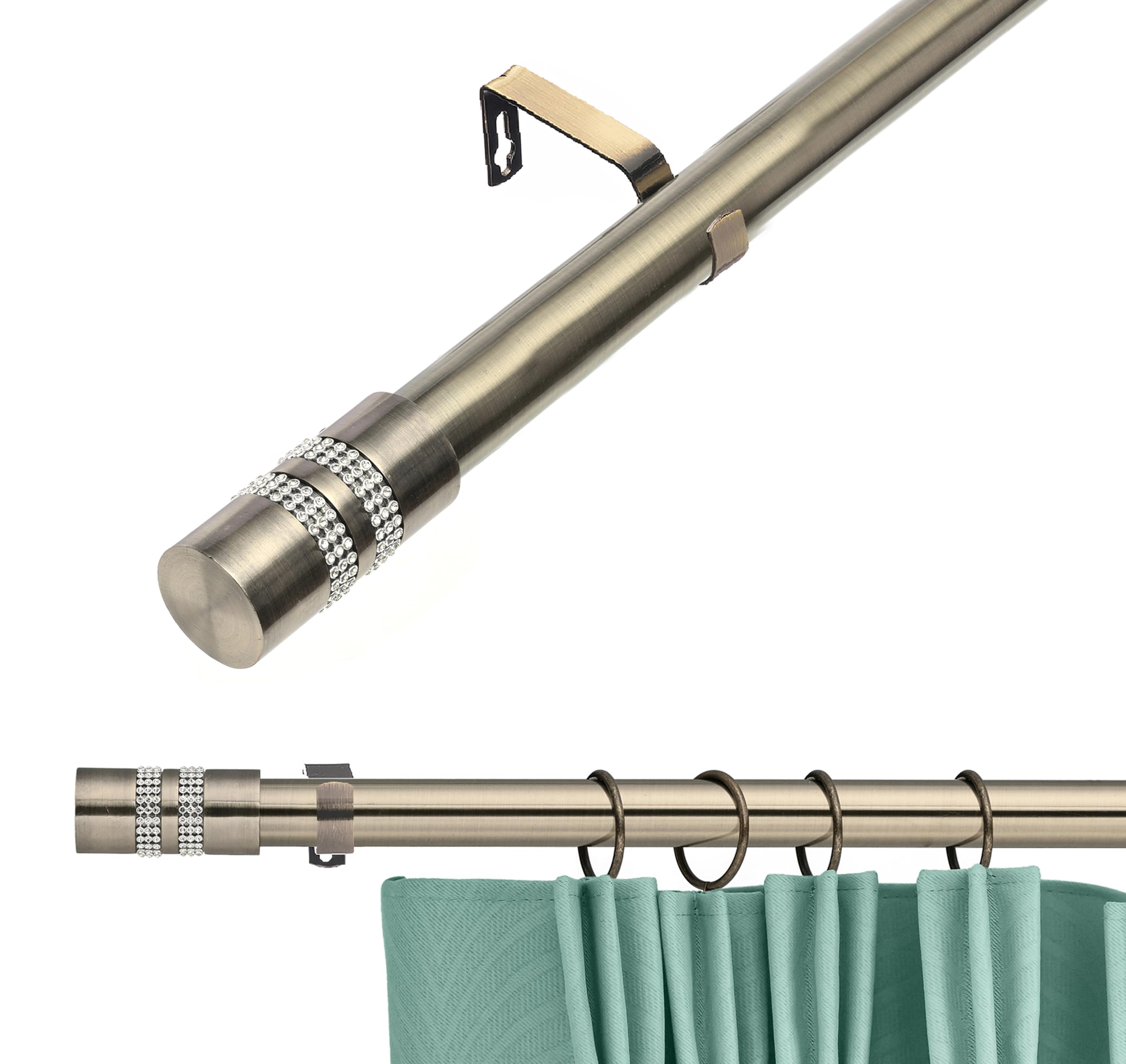Lister Cartwright 28mm Antique Brass Adjustable Telescopic Extendable Metal Curtain Pole Set with Diamante Stripe Finial Voile Easy fit to Outdoor, Bedroom, Living Room(120-210 cm) — image 1