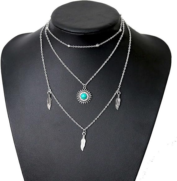 Boho Multilayer Turquoise Necklace Silver Vintage Ethnic Sunflower Necklace Tassel Leaves Layered Statement Sun Feather Pendant Necklace Jewelry for Women and Girls