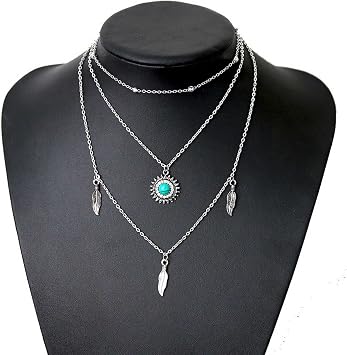 Boho Multilayer Turquoise Necklace Silver Vintage Ethnic Sunflower Necklace Tassel Leaves Layered Statement Sun Feather Pendant Necklace Jewelry for Women and Girls