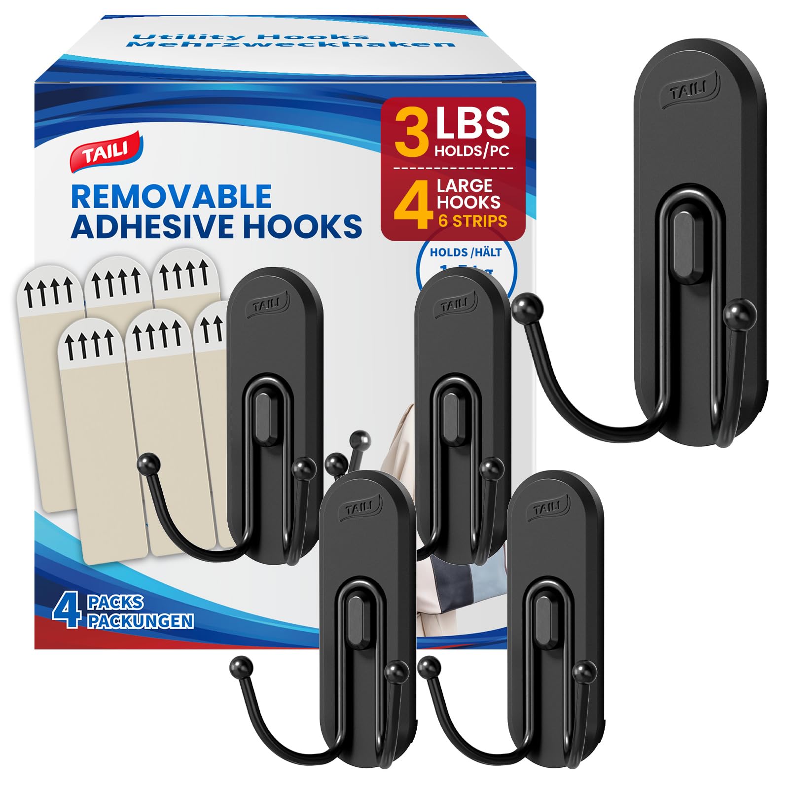 TAILI Adhesive Double Hooks for Hanging, 4 Coat Hooks &amp; 6 Strips, Black