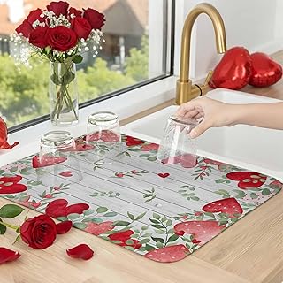 Kitchen Drying Mat for Counter Valentine's Day Eucalyptus Leaves Absorbent Dish Mats Foldable Microfiber Drainer Pad Red Love on Wood Plate Holder Mat for Countertop Sink Decor