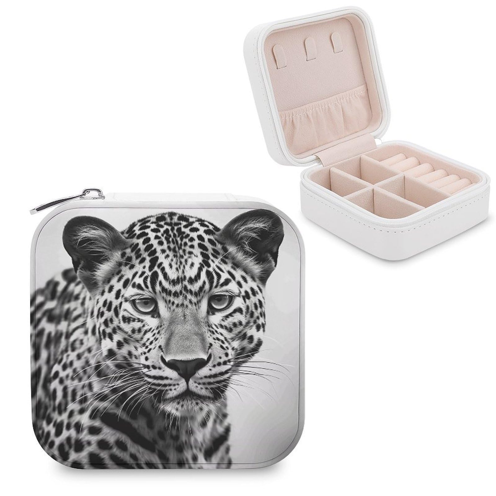 FekiLoot Black White Leopard Animal Jewelry Case Personalized Leather Jewelry Box Mini Travel Jewelry Case Small Portable Jewelry Organizer for Ring Earrings Necklace Bracelet