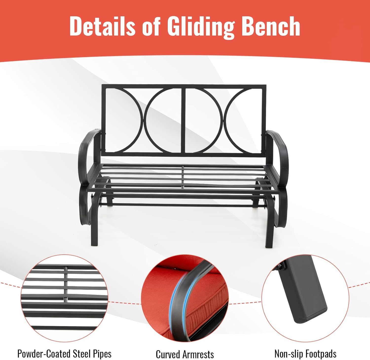 Tangkula 2-Person Outdoor Glider Bench, Swing Seat Bench with Seat & Back Cushions, Sturdy Rustproof Steel Frame, Smooth Gliding Motion, Patio Rocking Loveseat for Backyard, Porch