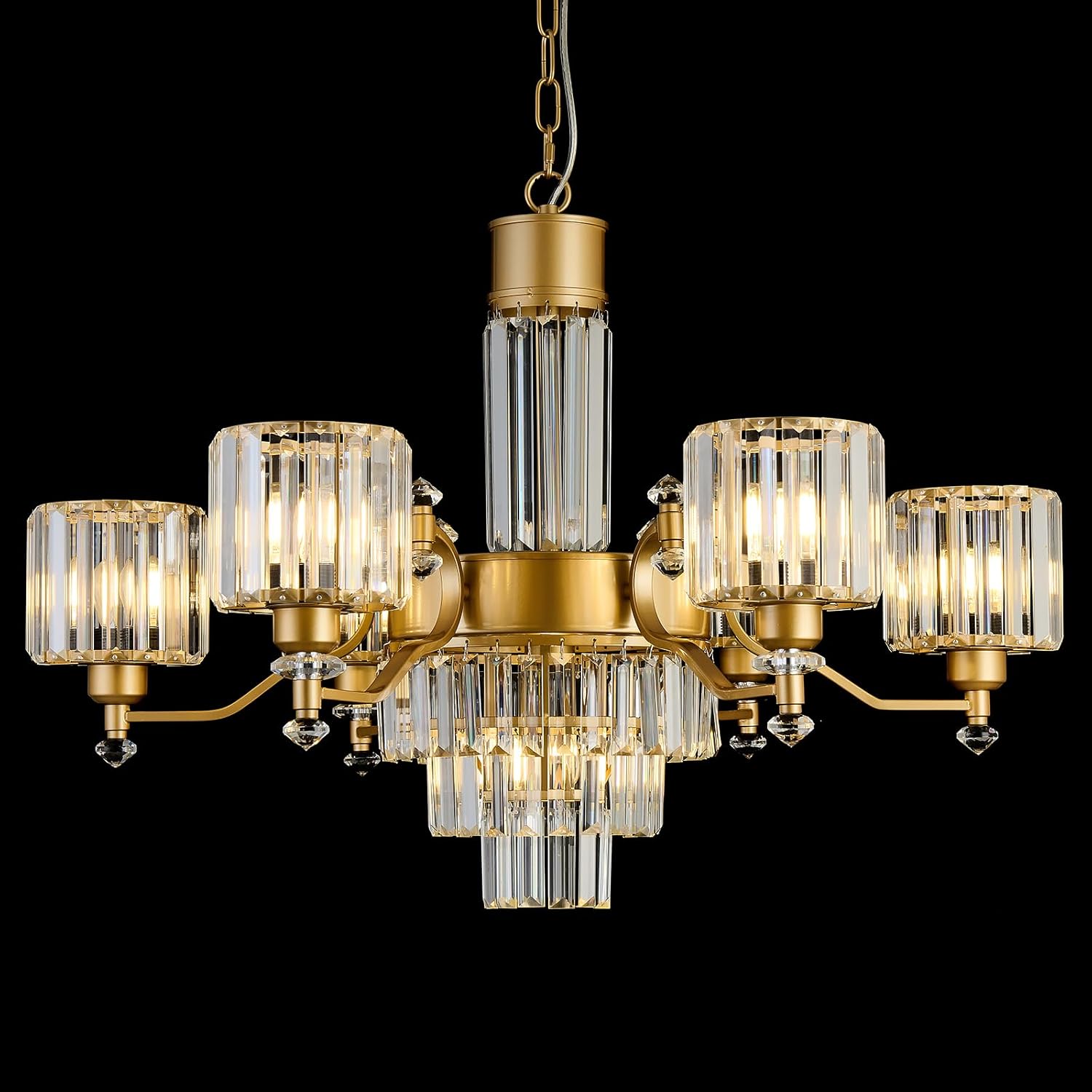 CVKASH 7-Light Modern Large Crystal Chandelier Gold Adjustable Hanging Pendant Light Vintage Farmhouse Ceiling Light Fixture for Living Room Dining Room Bedroom Foyer Entryway Staircase