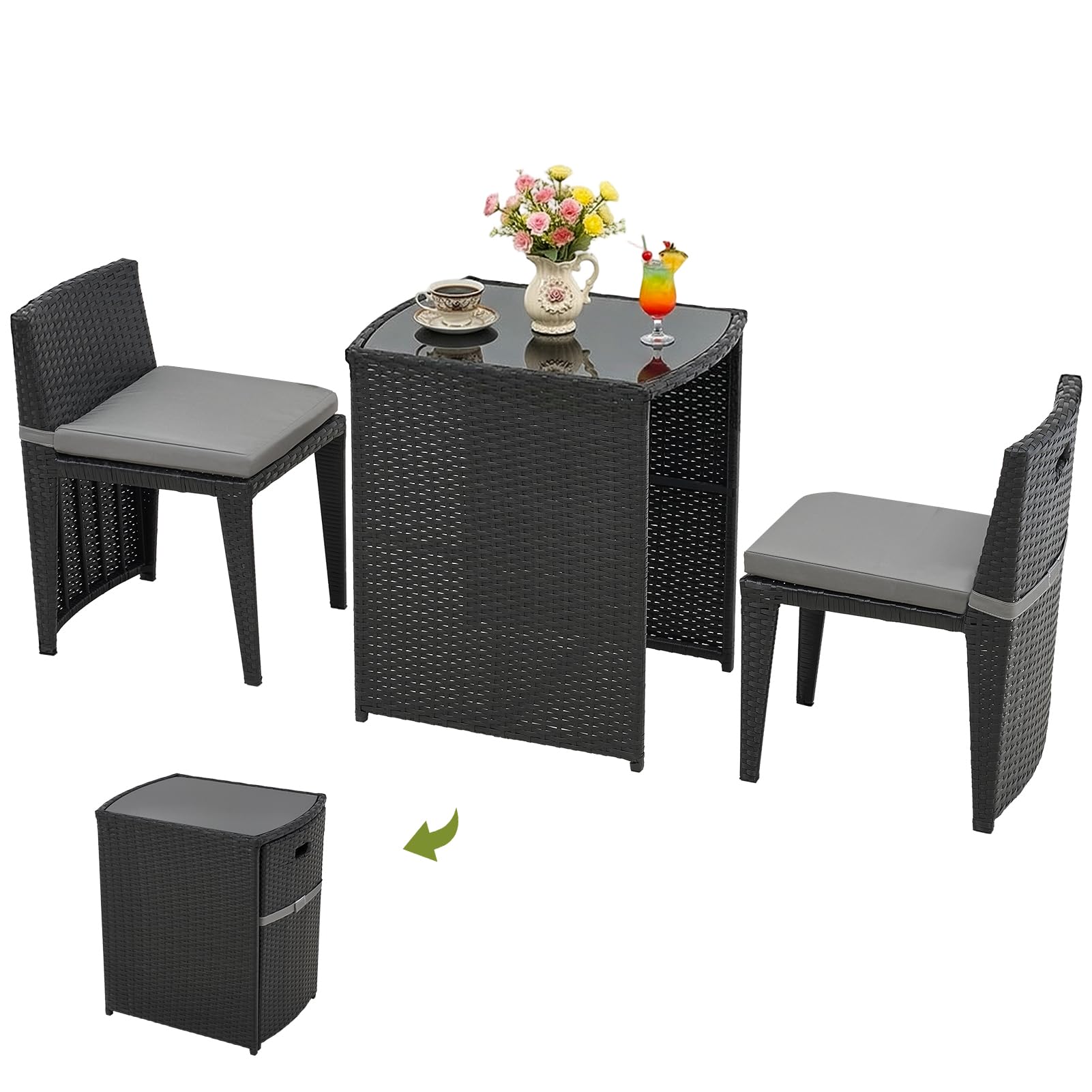 Warmiehomy 3 Piece Rattan Garden Furniture Set, Bistro Set with 2 Chairs & Tempered Glass Top Table, Cushioned Outdoor Table and Chairs Set 2 with Metal Frame for Patio Balcony Garden Yard, Black