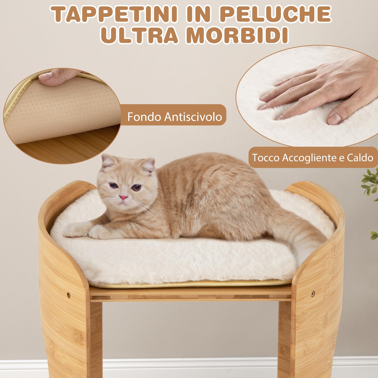COSTWAY Letto Rialzato per Gatti, Cuccia per Gatti a 2 Livelli da Interno con Struttura in Bambù Naturale, Tappetini Morbidi Rimovibili e Lavabili, Lettino per Cuccioli