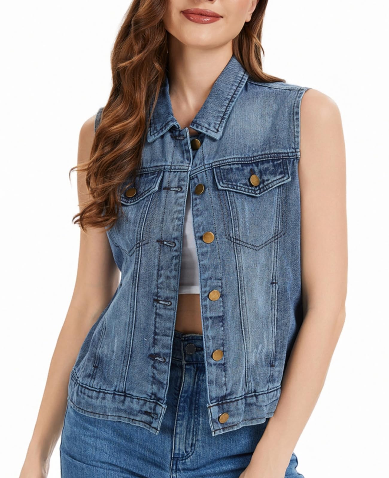 Gilet da donna in denim con bottoni e risvolto lavato senza maniche con tasche W Gilet in jeans