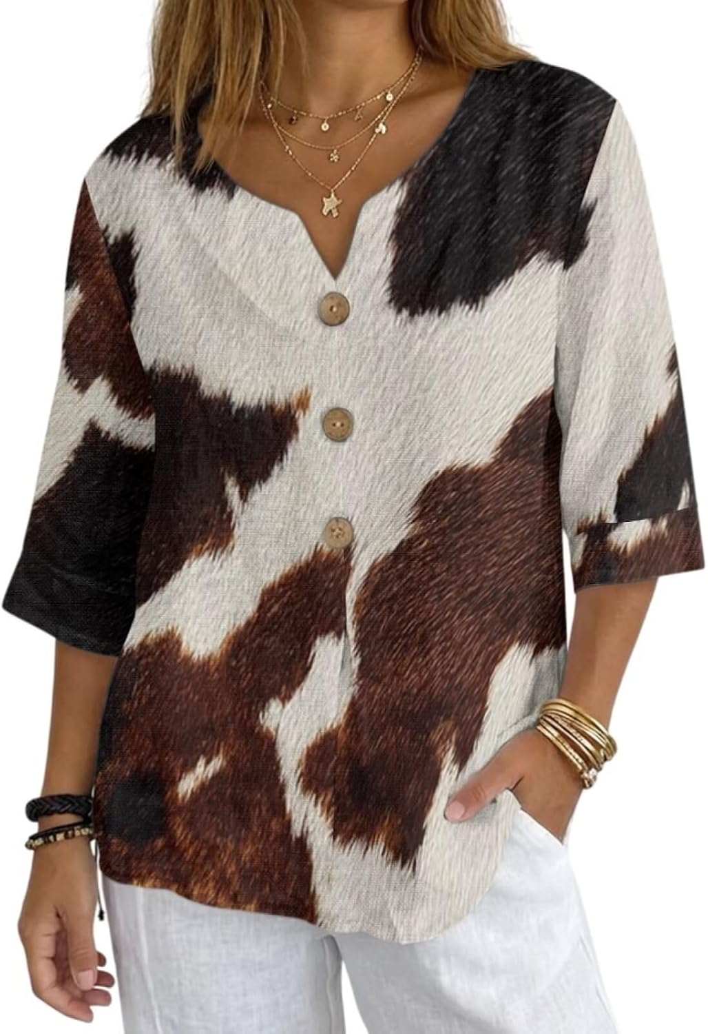 Ladies 3/4 Sleeve T Shirts V Neck Blouses Women Soft Loose Fit Tops for Office Travel Casual Wear Size S-4XL