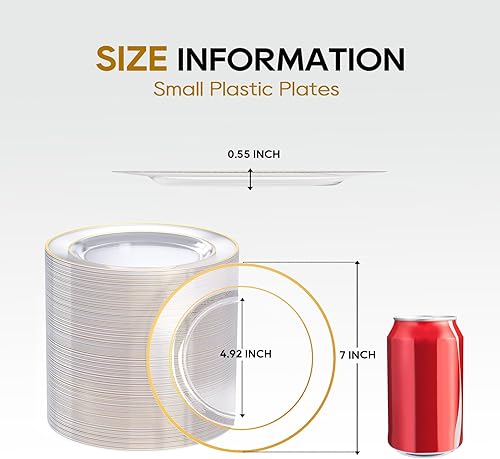 Miniatura 3 de FOCUSLINE 100 platos de plástico dorado transparente de 7 pulgadas, platos transparentes desechables resistentes con borde dorado, platos de