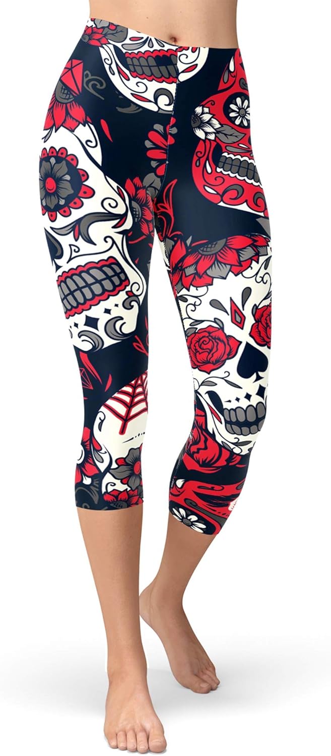 sissycos Women's Sugar Skull Leggings Buttery Soft Rose Flower Printed Halloween Stretchy Pants 28"