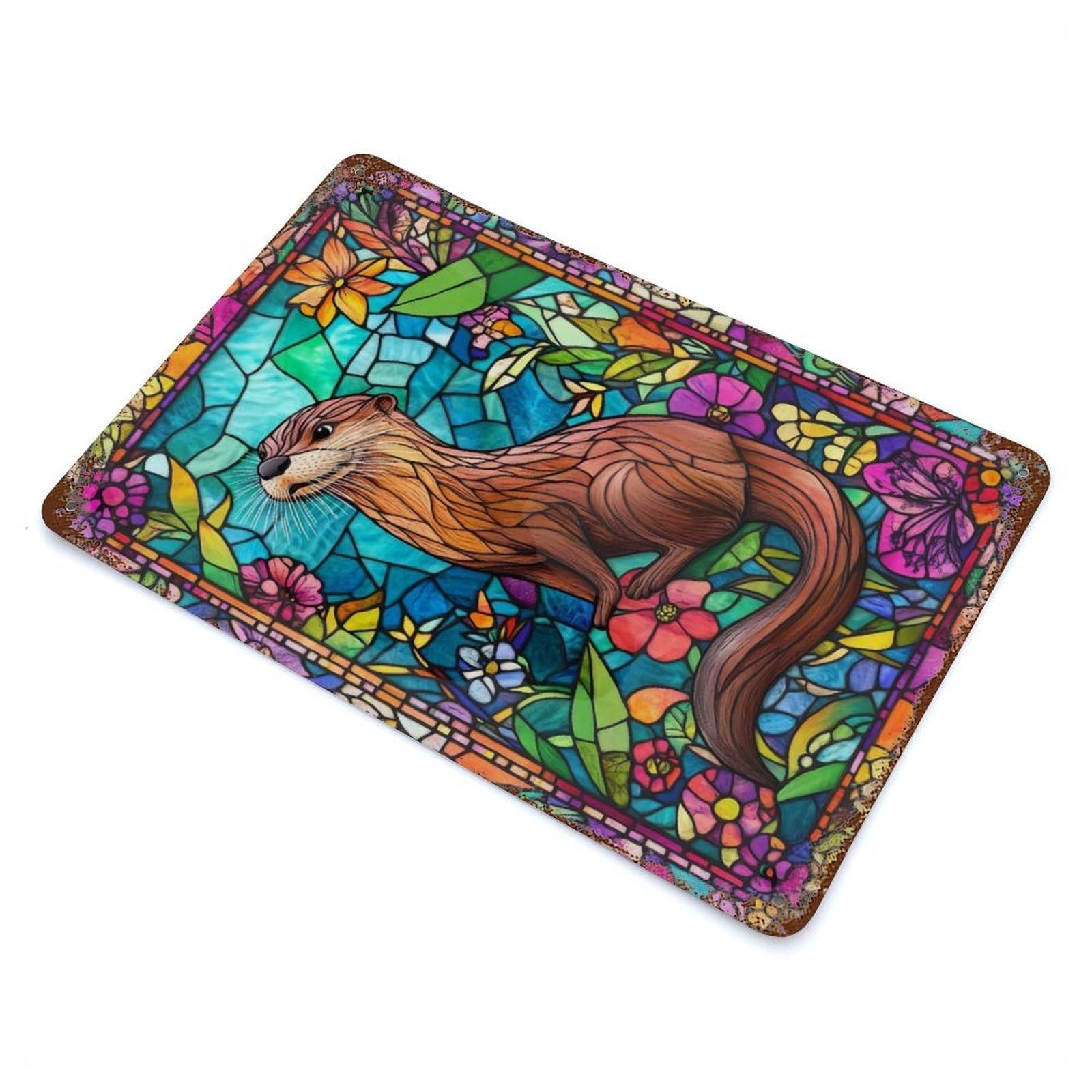 Stained Glass Otter 11.8"x7.9" Vintage Rust Metal Sign, Shabby Chic Decor for Garage, Bar And Workshop Decor