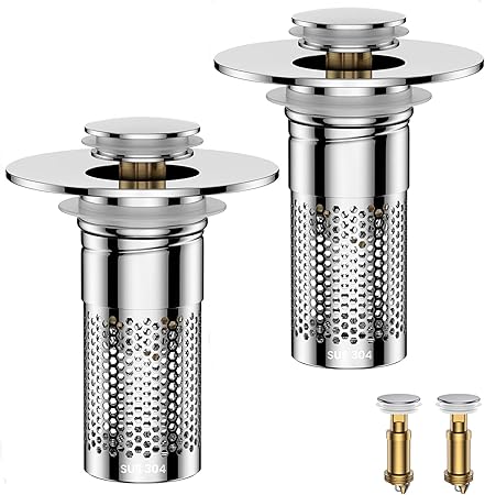 Bathroom Sink Drain Strainer,Universal Pop-Up Sink Stopper Hair Catcher, Anti-Clog Stainless Steel Drain Filter Basket, Removable Sink Drain for Bathroom Sink Stopper Replacement