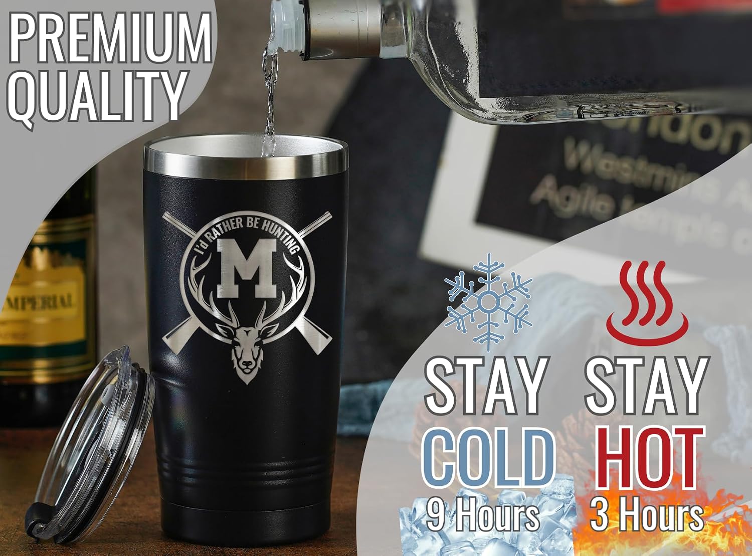 Onebttl Hunting Gifts for Men with Initial Letters, 20oz Stainless Steel Tumbler, Spill-Proof Lid & Straw Included, Gifts for Dad, Birthday & Christmas, Black - M