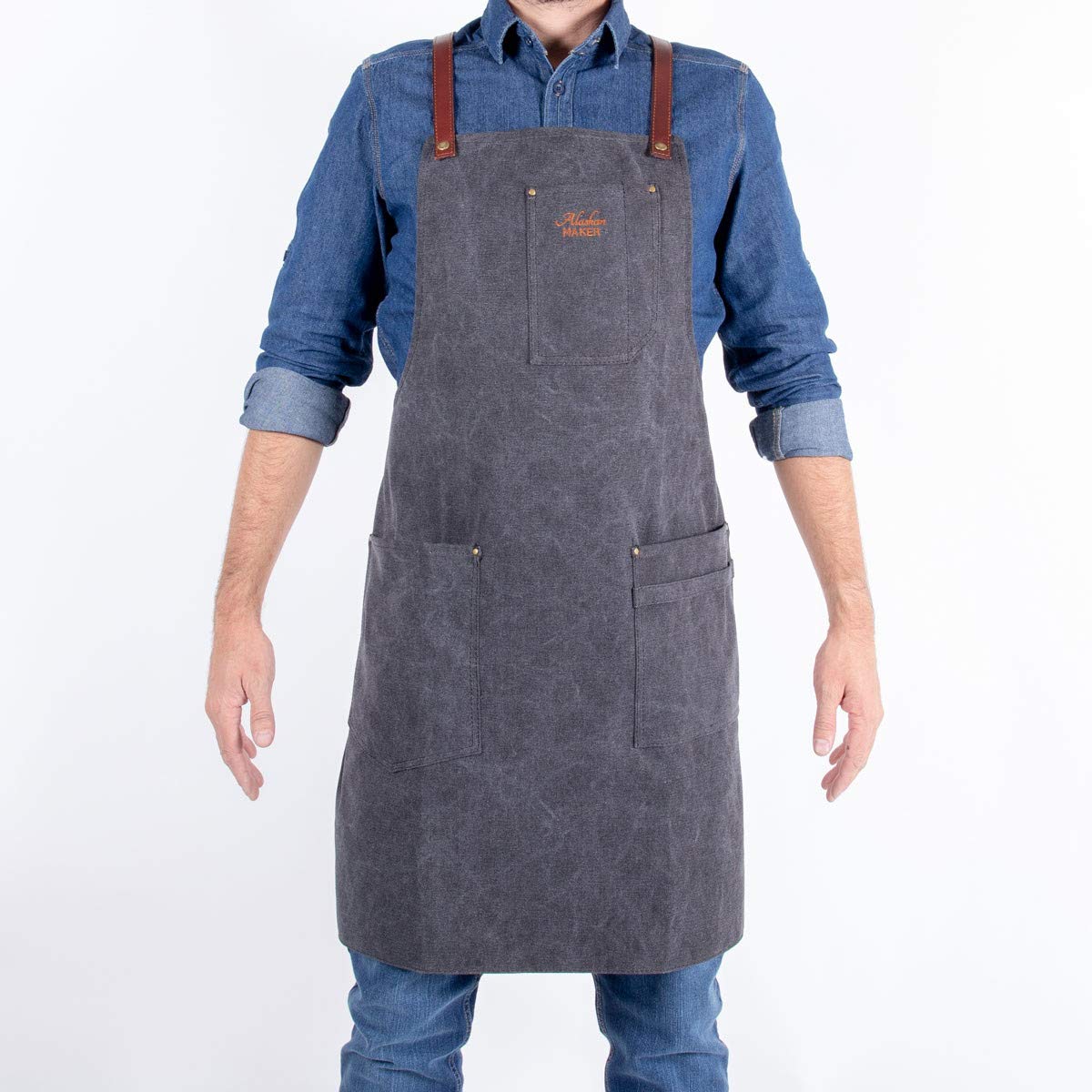 Alaskan MAKER Grembiule da cucina in tela vintage e pelle multitasche n. 325, taglia unica, taglia unica