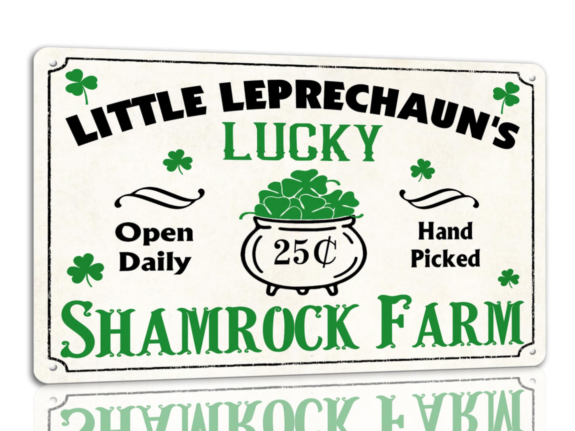 SMAZDFXX St Patrick's Day Tin Sign Little Leprechaun's Lucky Shamrock Farm Metal Signs Irish Holiday Decor Green Shamrock Lucky Clover Wall Hanging Decorations 5.5"x8"