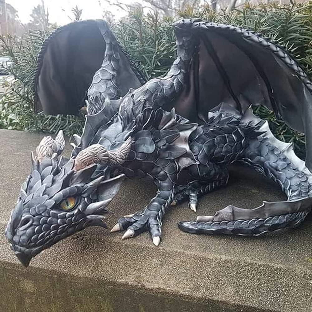 Acebwhtoy Big Squatting Dragon Statue, Resin Dinosaur Figurines, Armoured Dragon Guardian Sculpture Ornament for Patio Front Garden Lawn Car Decoration