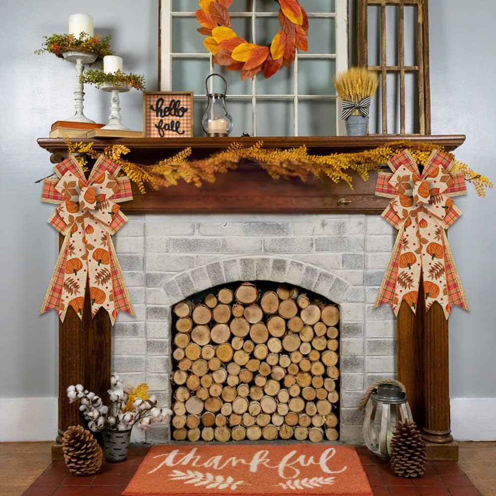 Estivaux Large Fall Pumpkin Wreath Bows for Front Door, Thanksgiving Natural Burlap Orange Buffalo Plaid Autumn Pumpkin Leaves Tree Topper Bows for Wreath Fall Thanksgiving Day Decorations