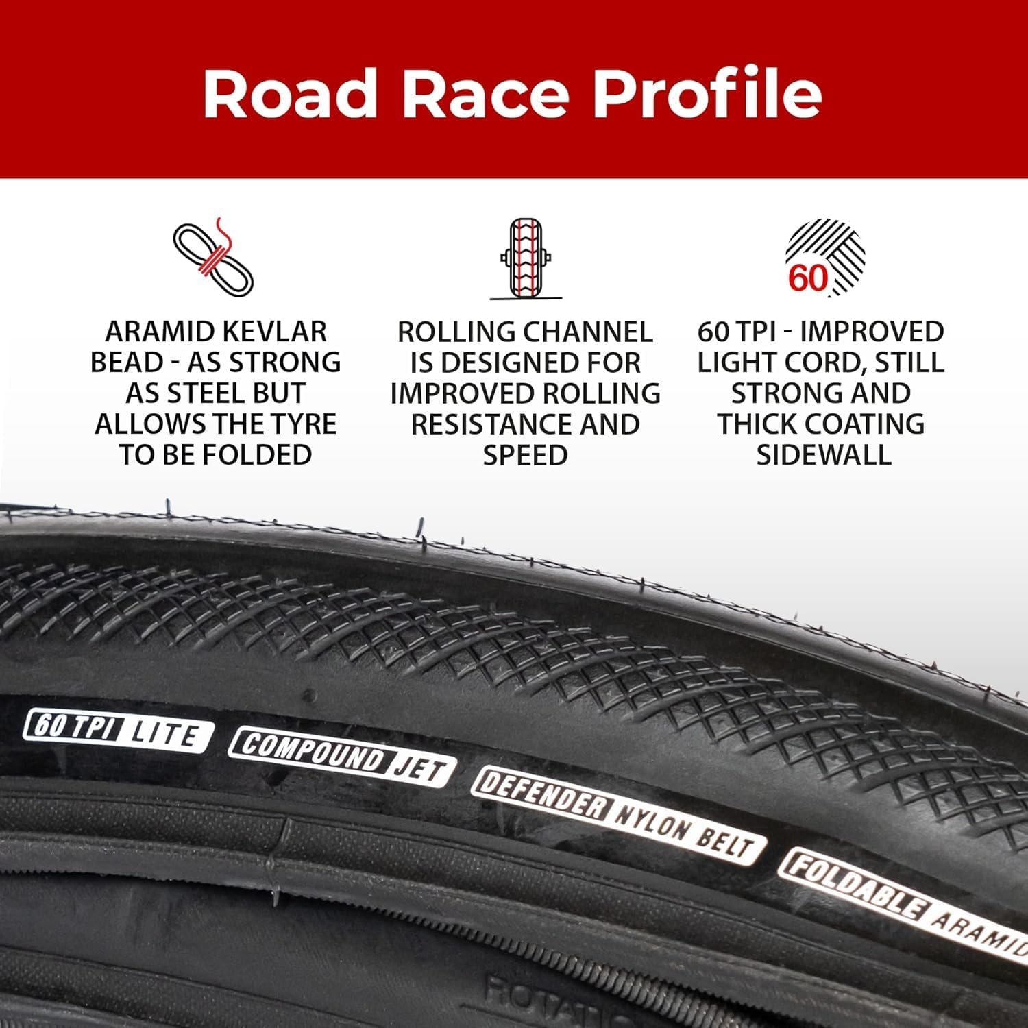 Fincci Foldable 700x28c Tire - Road Bike Tires 28-622 with Nylon Anti Puncture - Black 700c Bike Tire Puncture Proof with Kevlar for Racing, Hybrid, Folding Bicycles - Flatless Tires 28 inch