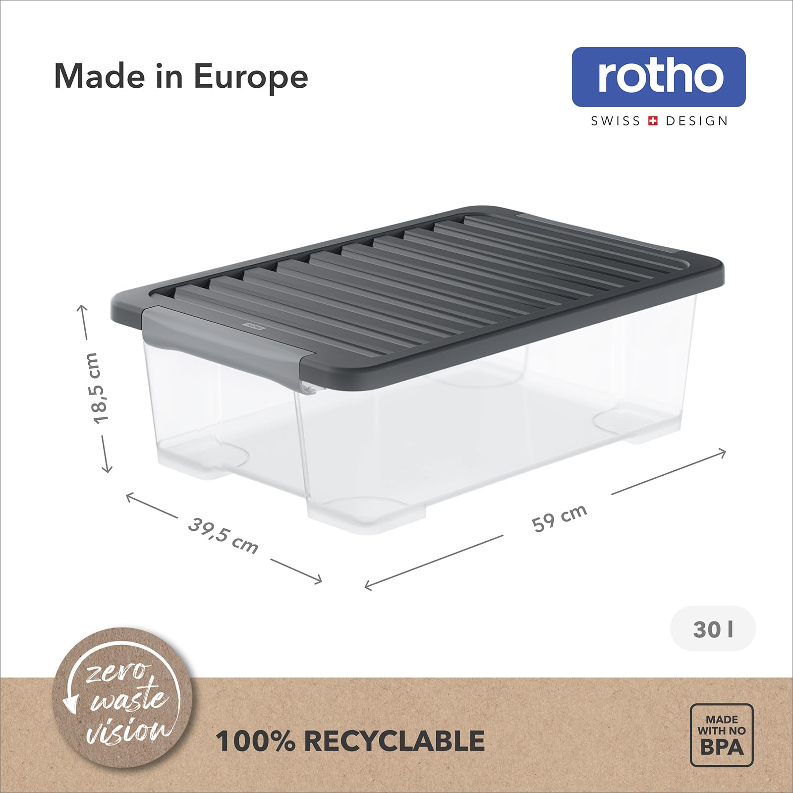 Rotho CORE Plus Cajas Almacenaje Plástico 30 L Cajas Organizadoras con Tapa | Contenedores apilables de plastico transparente, 59x39,5x18,5 cm, resistentes con codigo QR para gestion por aplicacion