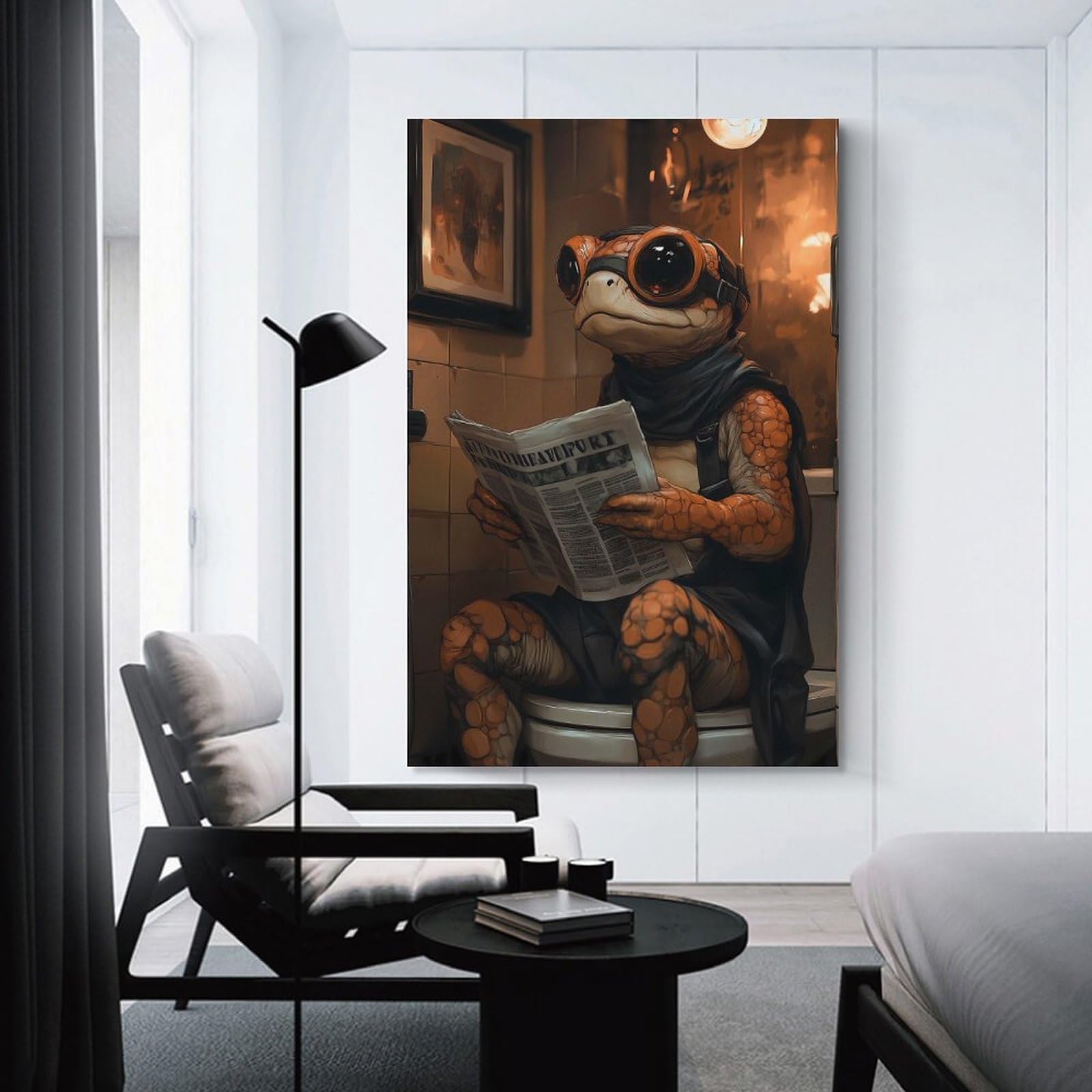 Junmoney Anthropomorphic Turtle Reading Newspaper on Toilet Canvas Wall Decor, 12x18inch(30x45cm), for Gallery Wall Decor And Room Displays, Wall Decor Suited to Curated Displays