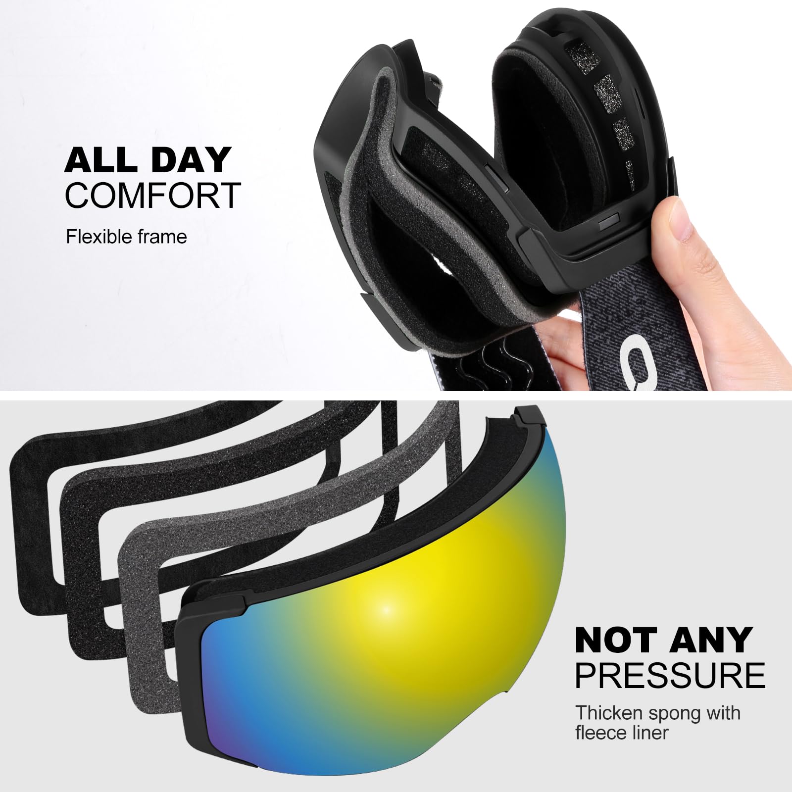 Odoland Occhiali da sci unisex per uomo e donna ragazzi occhiali da snowboard senza montatura con vetro magnetico intercambiabile protezione UV anti-nebbia occhiali da neve compatibili con casco per