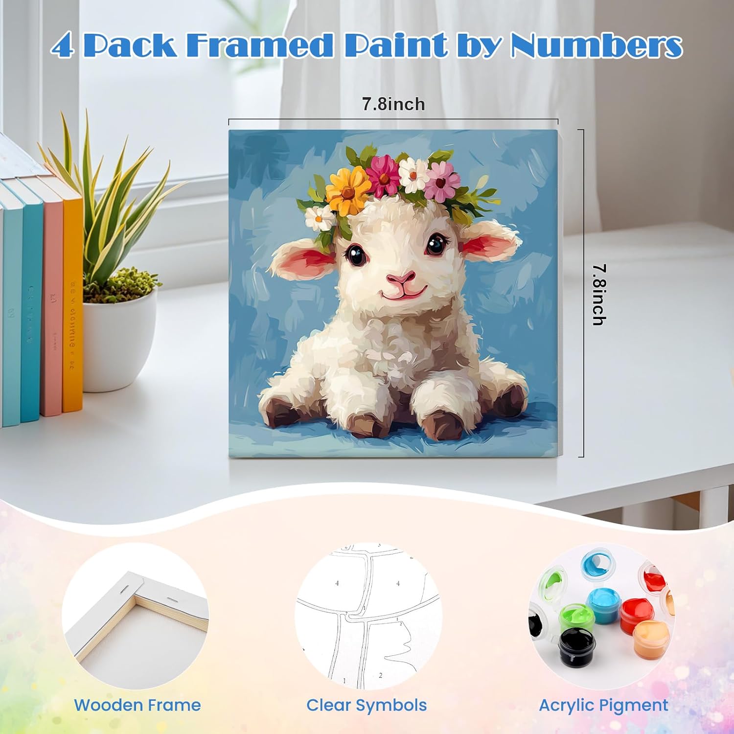 MISCER 4 Pack Paint by Numbers for Adults Beginner, Easter Paint by Number Kits for Kids, Bunny Egg Sheep DIY Acrylic Oil Painting Suitable for Home Decoration (8x8inch)