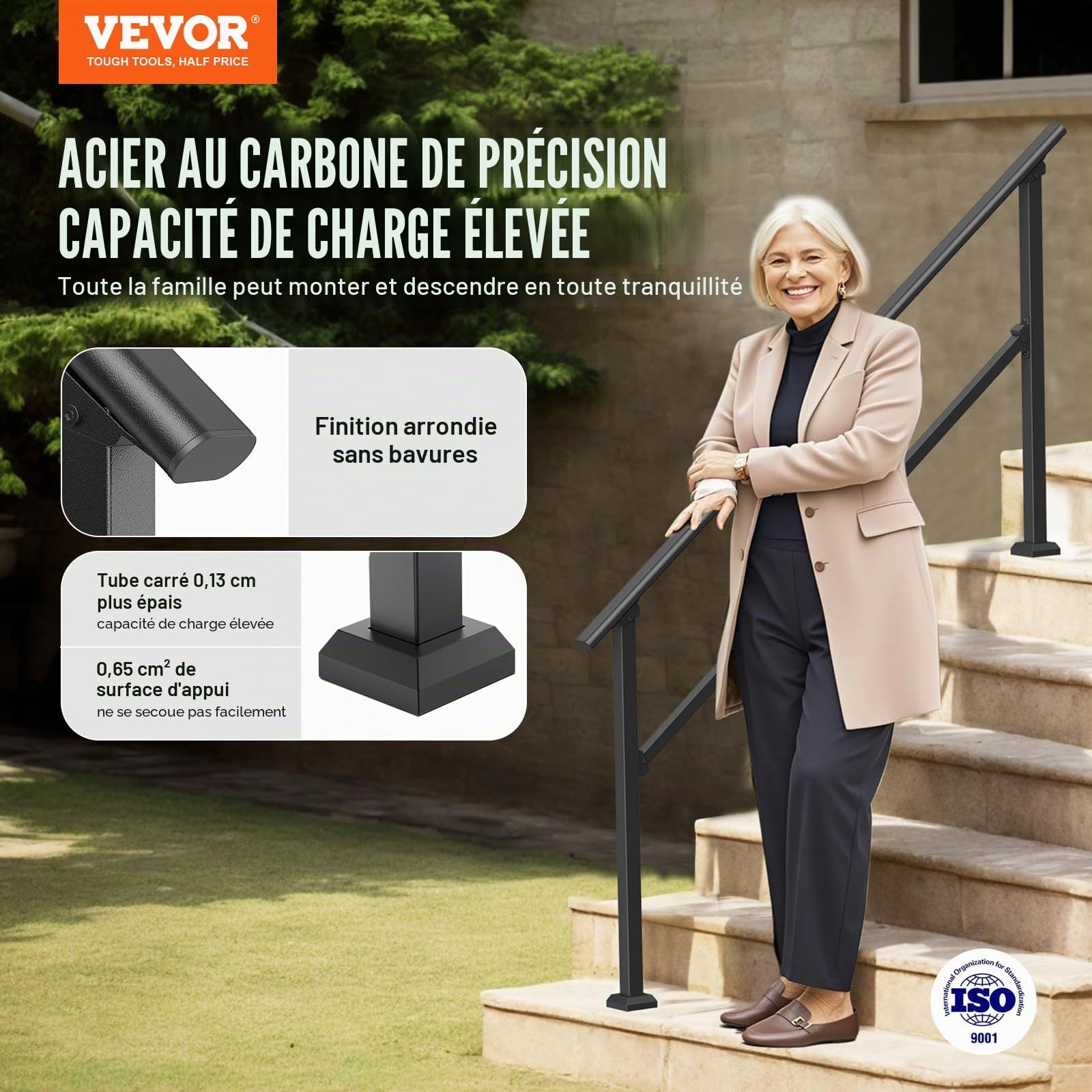 VEVOR Rampe d'escalier pour 5 marches extérieures, main courante escalier en acier au carbone, avec kit d'installation, pour personnes âgées, marches en béton, porche, terrasse, tube carré noir