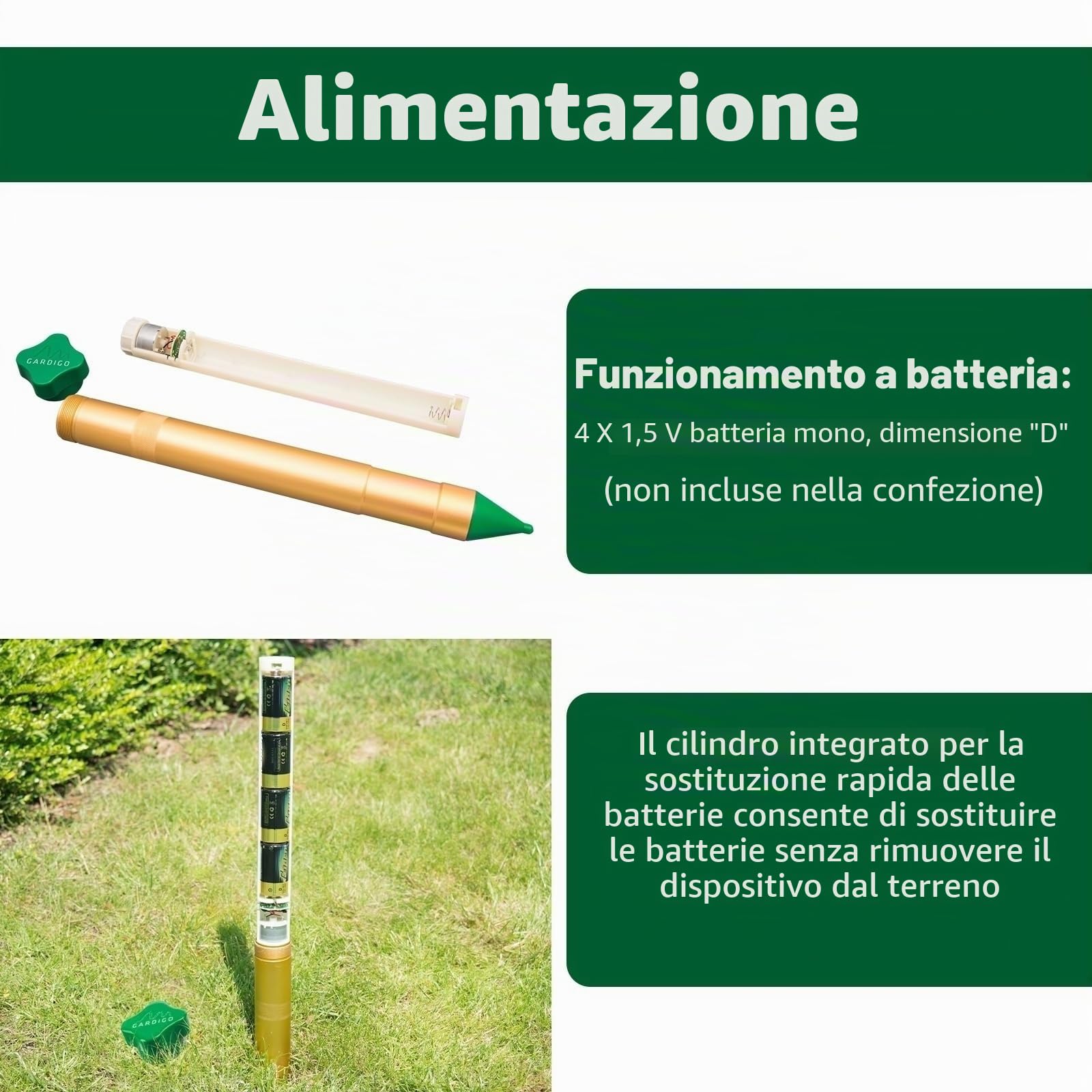 GARDIGO® Set 2 Dissuasori per Talpe Antitalpa da Giardino Allontana Talpe | ca. 1250 m² | Motore a Vibrazione | Frequenze Alternate | a Batterie | Scaccia Talpe