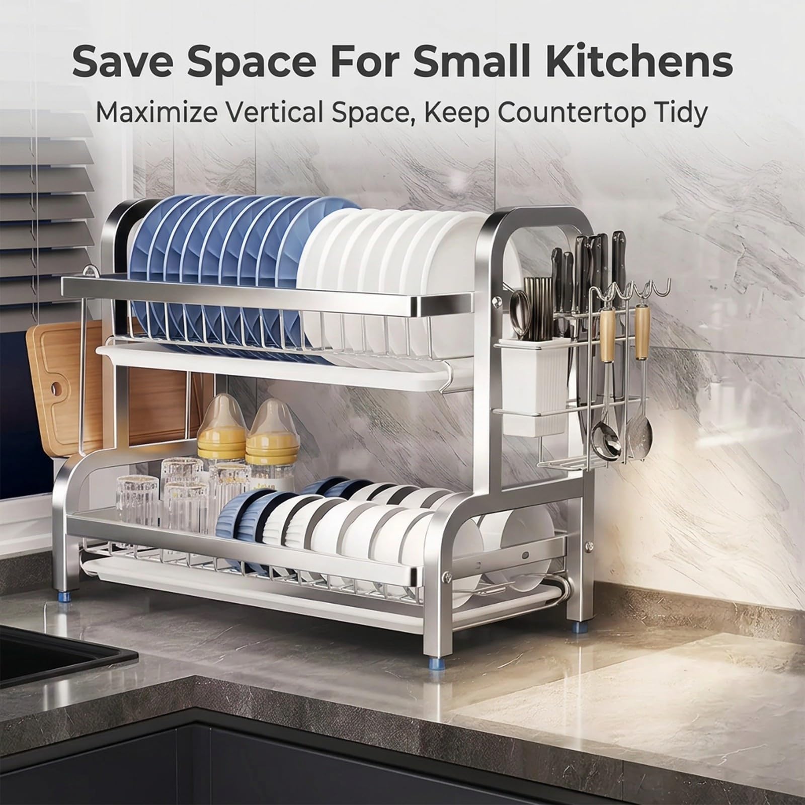 Scolapiatti,2 livelli in acciaio inox,piano cucina,con vassoio acqua