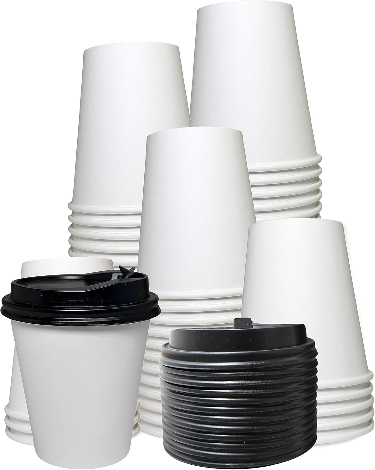 EcoQuality Medium 12oz White Paper Coffee Cups with Black Lids - (1000 Count) Disposable Paper Coffee Cups - Hot Drink, Tea, Coffee, Cappuccino, Hot Chocolate, Chai, Chai Latte, Office,Travel