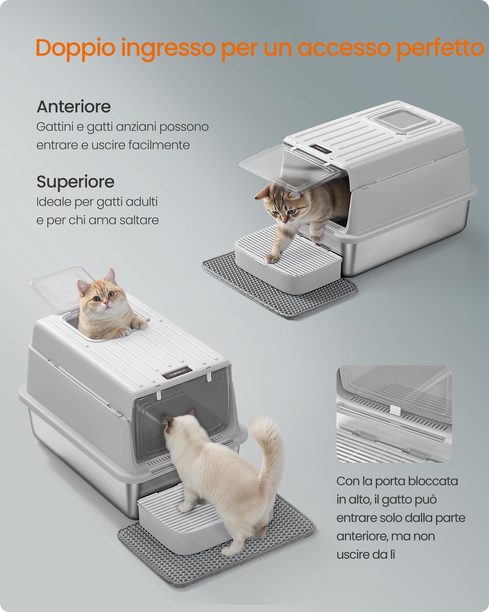 Feandrea Lettiera per Gatti in Acciaio Inox, Toilette per Gatti fino a 15 kg con Coperchio, con Paletta, Tappetino per Lettiera e 2 Ingressi, Grigio Chiaro PPT007GD01