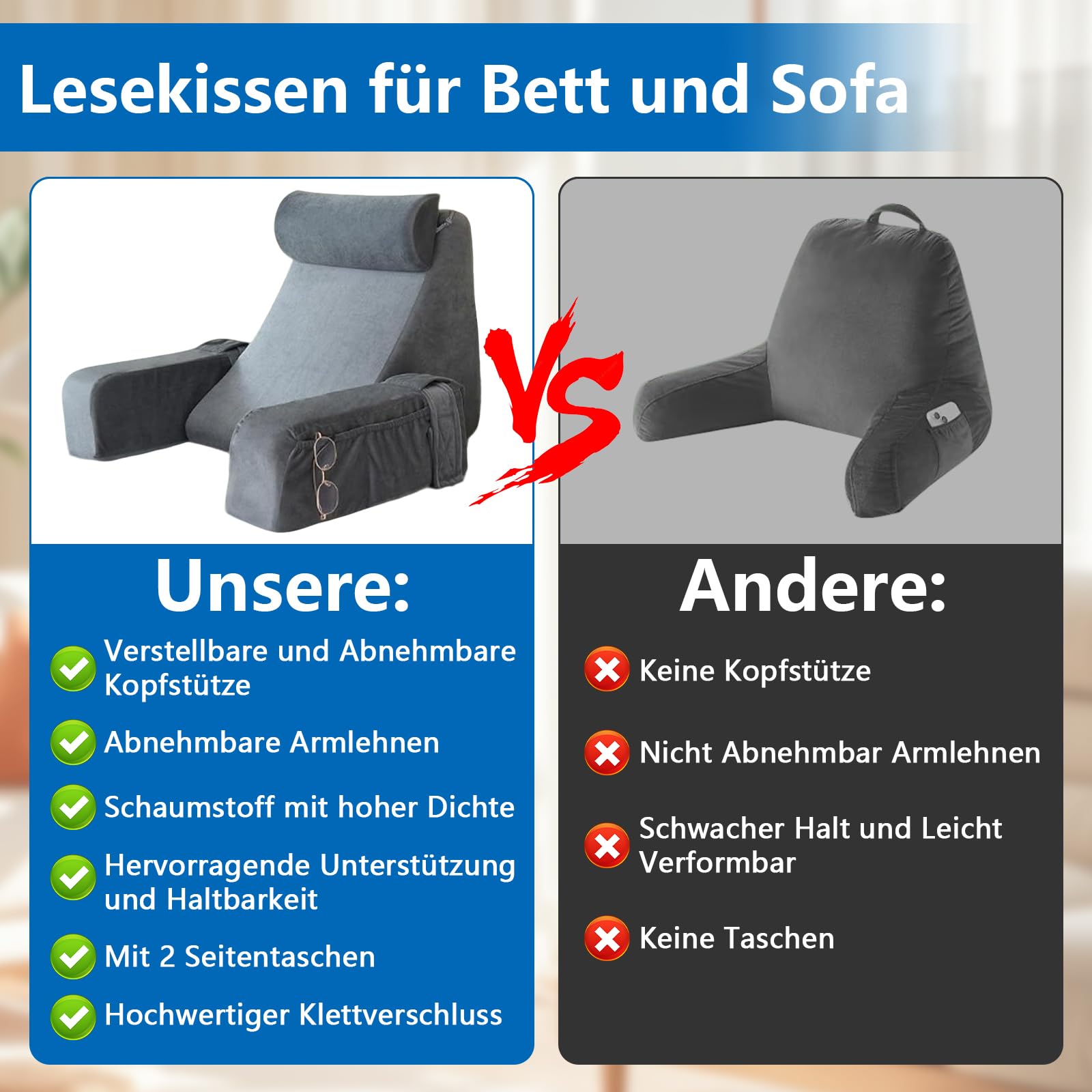Rückenkissen, Lesekissen für Bett und Sofa mit abnehmbaren Armlehnen und Kopfkiseen, Rückenlehne für Erwachsene, Keilkissen mit Waschbarem Bezug, Rückenstützkissen zum Lesen/Spielen/Fernsehen