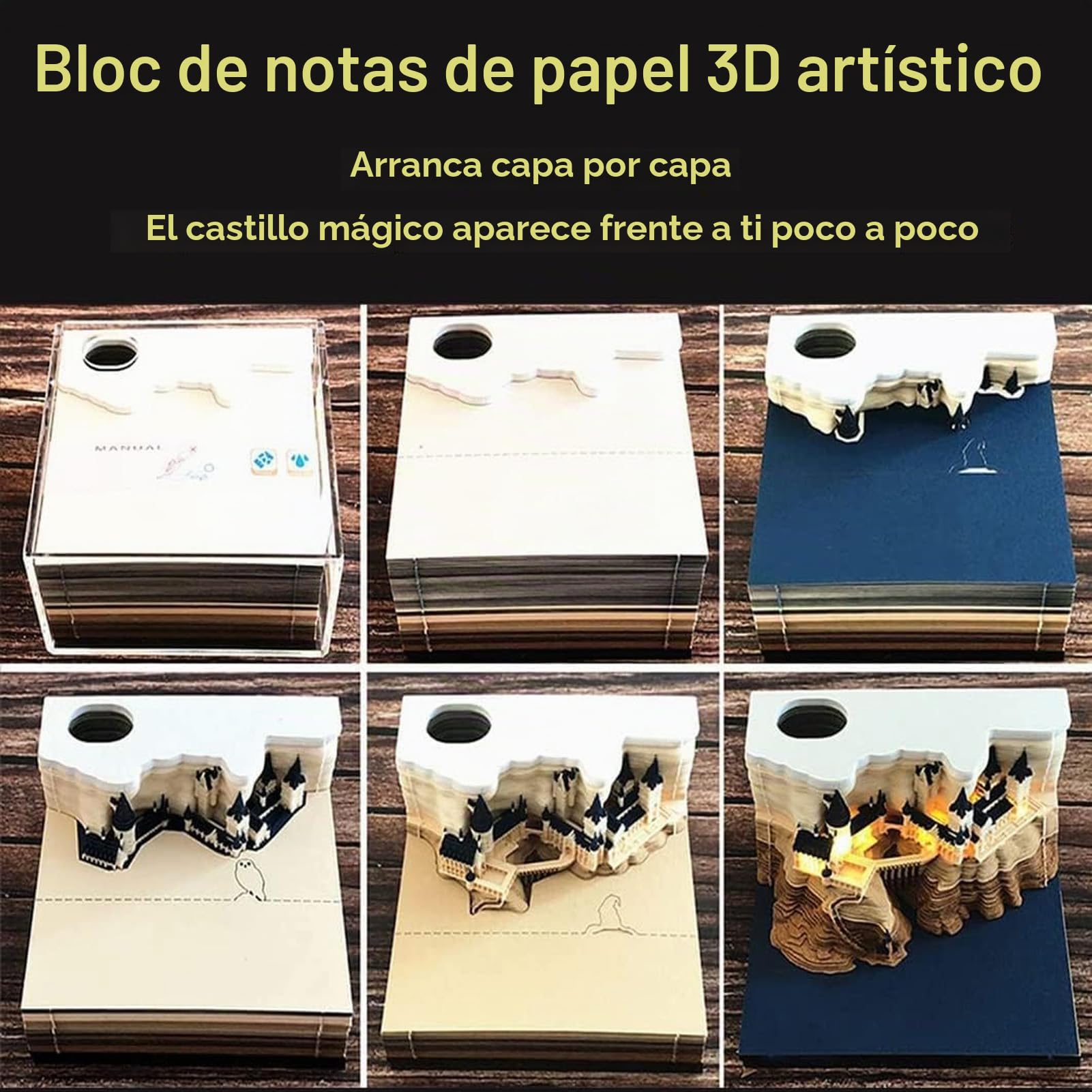 Fockety Bloc de Notas 3D con luz y Soporte para bolígrafo, Castillo 3D Post Notas Adhesivas Bloc de Notas, Pegatinas Papeles Tarjeta Artesanía Castillo Oficina Decoración del hogar