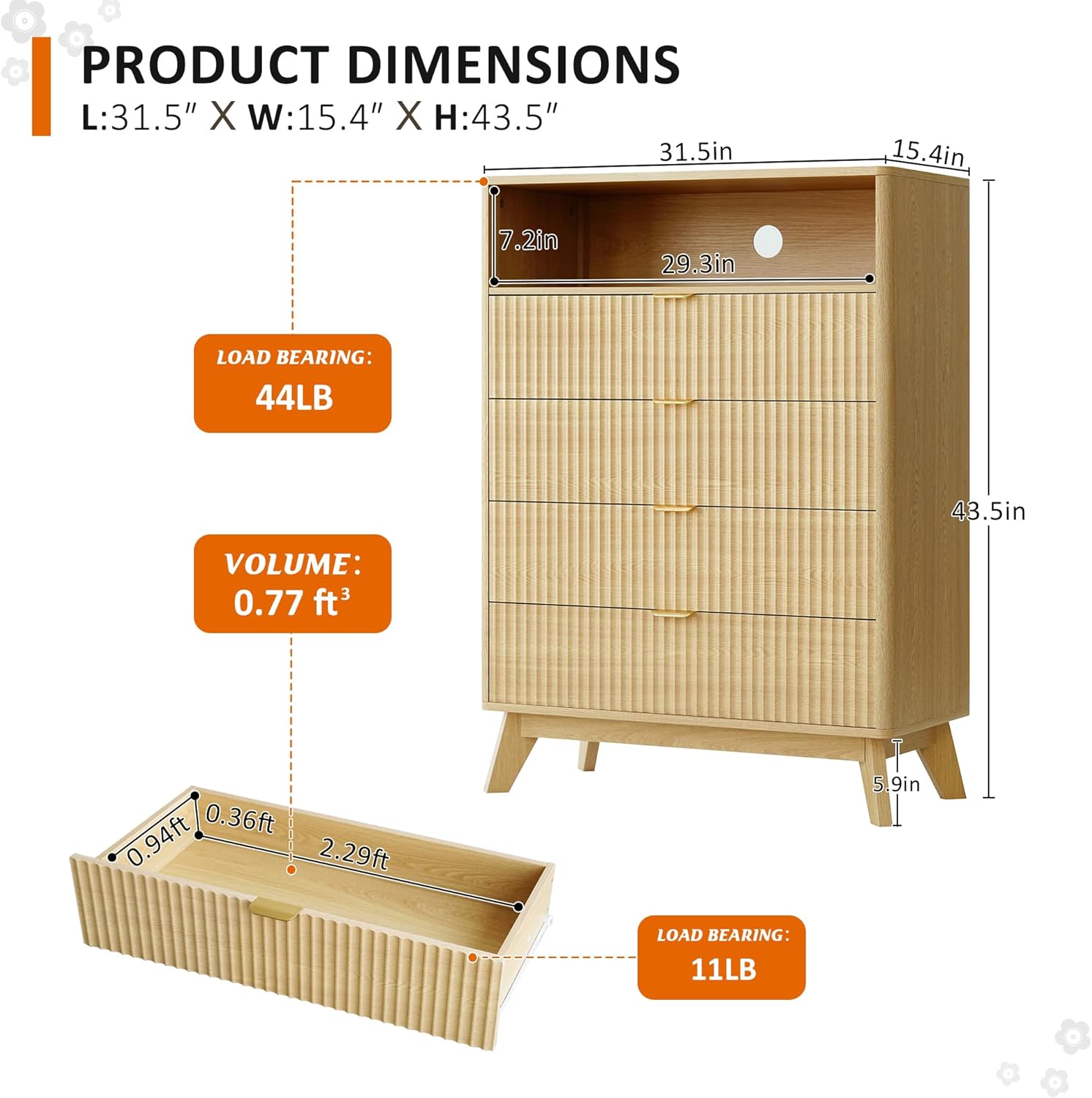 LYNCOHOME Fluted 4 Drawer Storage Cabinet