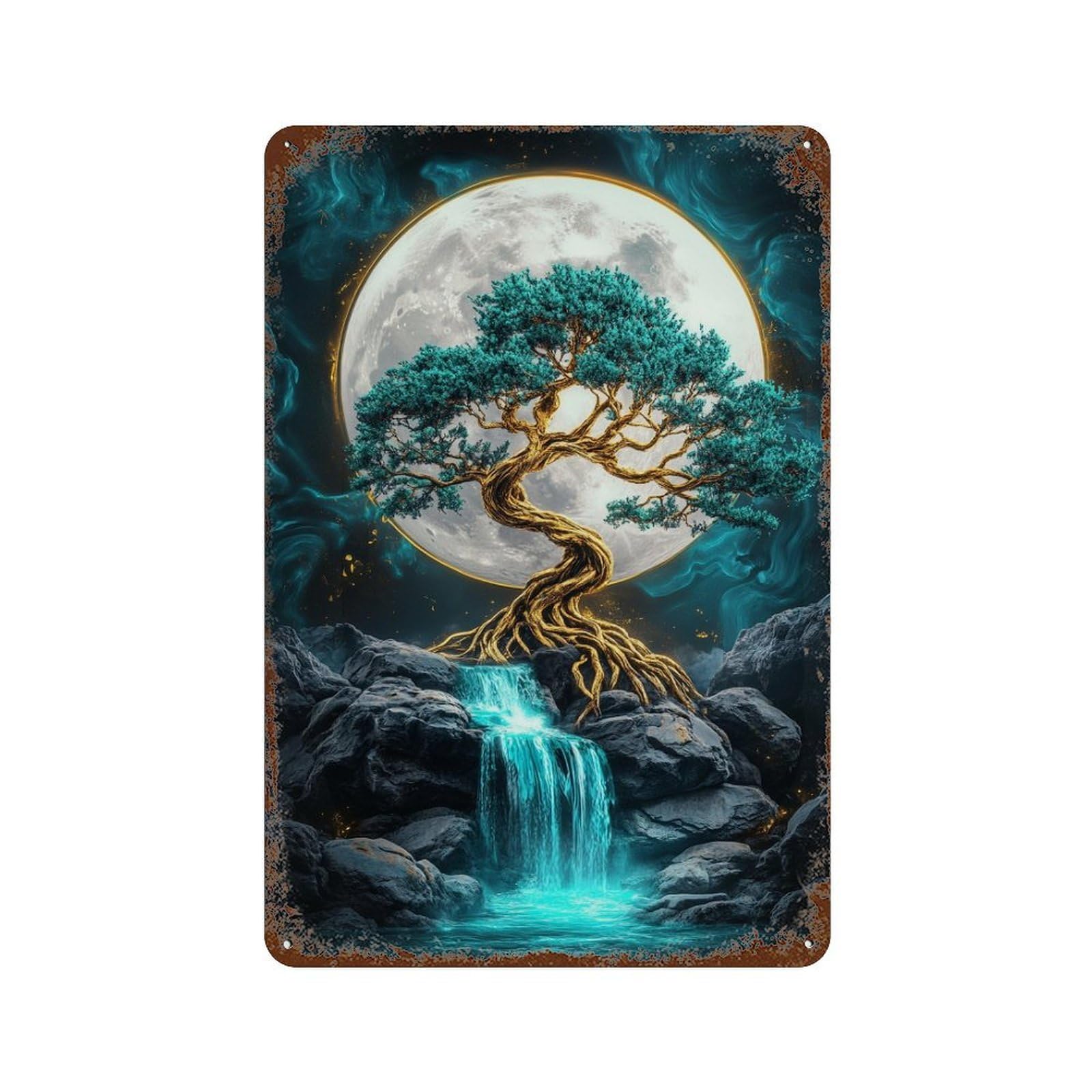 Retro Metal Sign with Enchanted Moonlit Waterfall Scene Design 11.8"x7.9", for Shed, Workshop And Garage Wall Decor, Industrial Home Decor