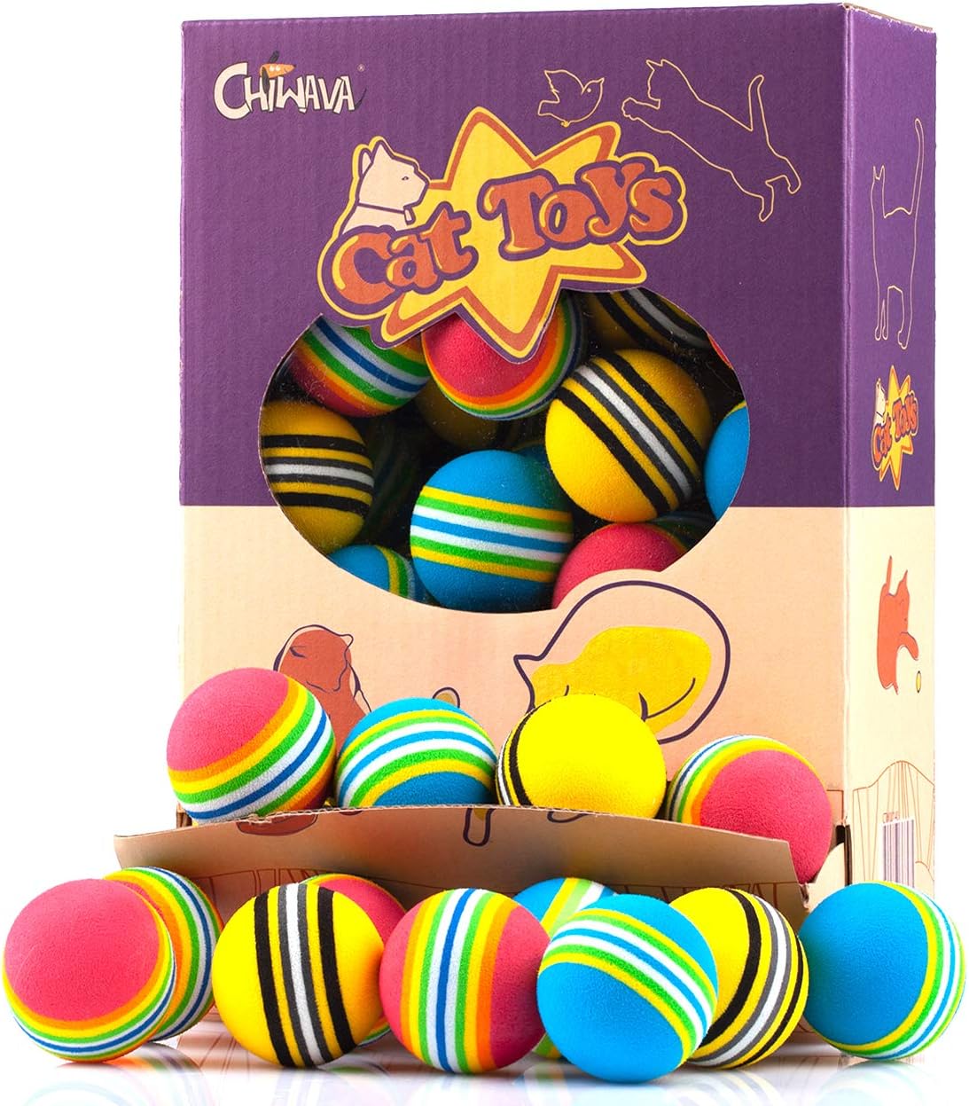 CHIWAVA 45 Pack 1.7” Foam Cat Toys Ball Rainbow Color Balls Kitten Activity Chases Quiet Play Mix Color